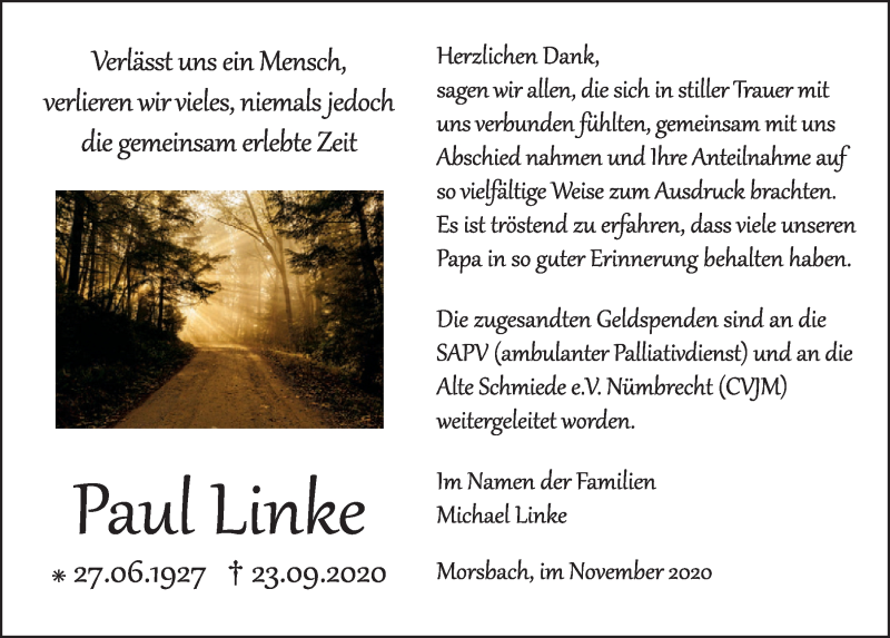  Traueranzeige für Paul Linke vom 13.11.2020 aus  Lokalanzeiger 