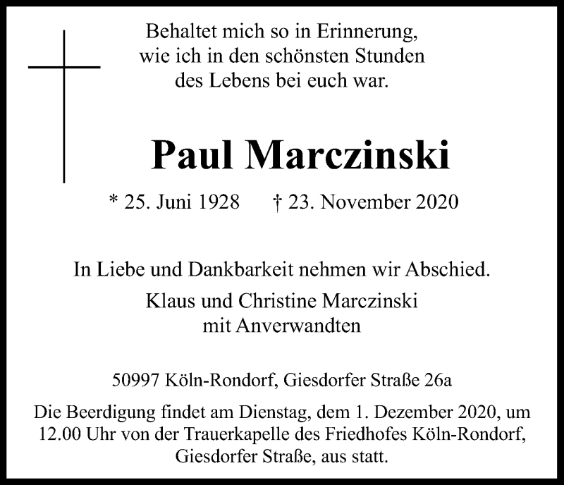  Traueranzeige für Paul Marczinski vom 28.11.2020 aus Kölner Stadt-Anzeiger / Kölnische Rundschau / Express