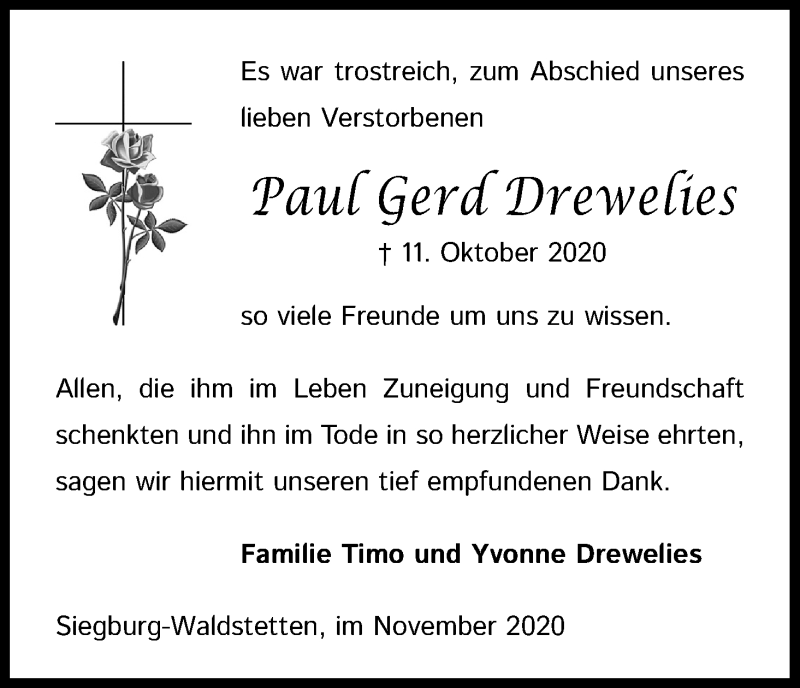  Traueranzeige für Paul Gerd Drewelies vom 21.11.2020 aus Kölner Stadt-Anzeiger / Kölnische Rundschau / Express