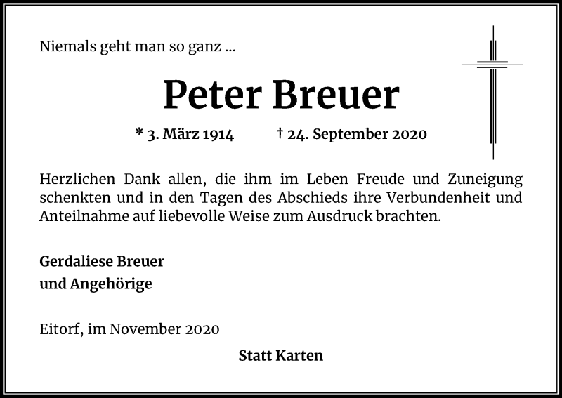  Traueranzeige für Peter Breuer vom 14.11.2020 aus Kölner Stadt-Anzeiger / Kölnische Rundschau / Express