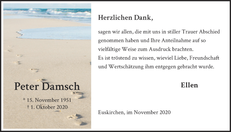  Traueranzeige für Peter Damsch vom 14.11.2020 aus  Blickpunkt Euskirchen 