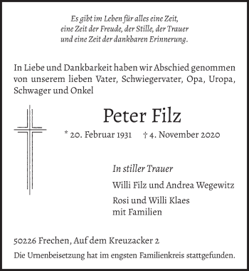 Anzeige von Peter Filz von  Wochenende 
