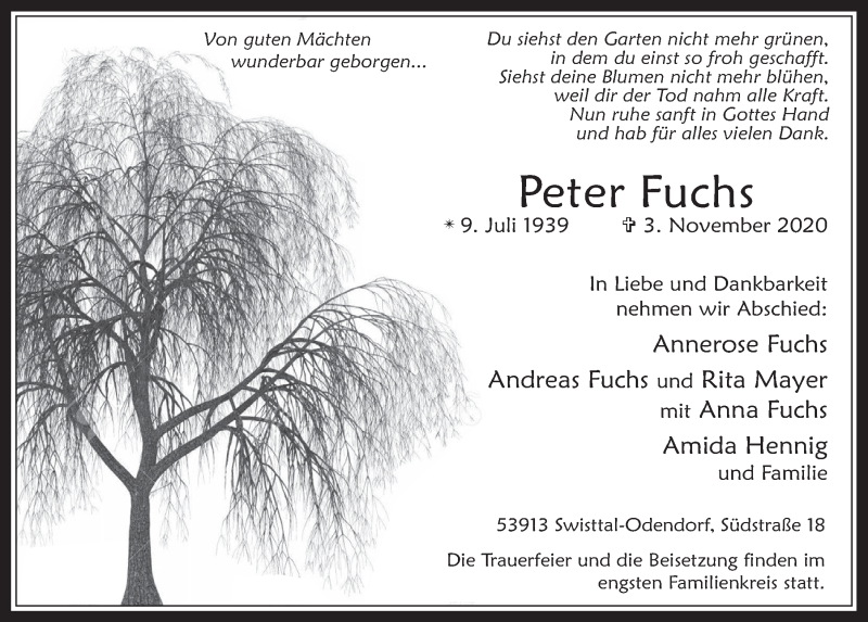  Traueranzeige für Peter Fuchs vom 13.11.2020 aus  Schaufenster/Blickpunkt 