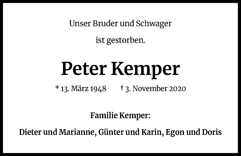 Traueranzeigen von Peter Kemper WirTrauern