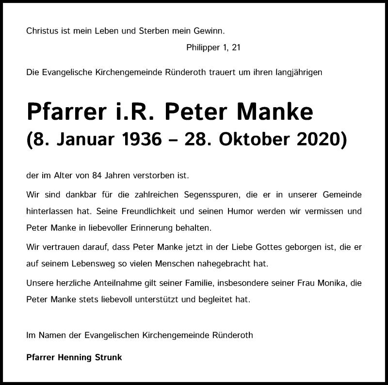  Traueranzeige für Peter Manke vom 07.11.2020 aus Kölner Stadt-Anzeiger / Kölnische Rundschau / Express