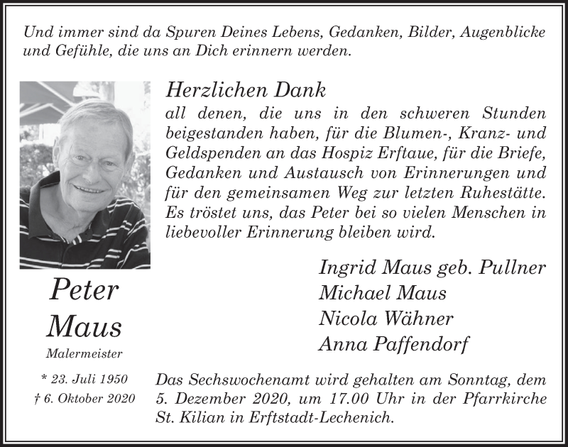  Traueranzeige für Peter Maus vom 20.11.2020 aus  Werbepost 
