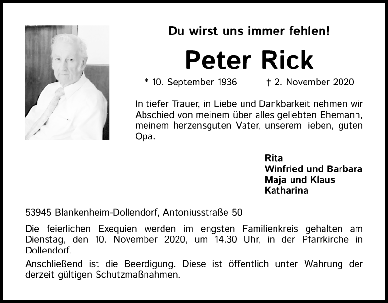  Traueranzeige für Peter Rick vom 07.11.2020 aus Kölner Stadt-Anzeiger / Kölnische Rundschau / Express