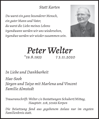 Anzeige von Peter Welter von  Wochenende 