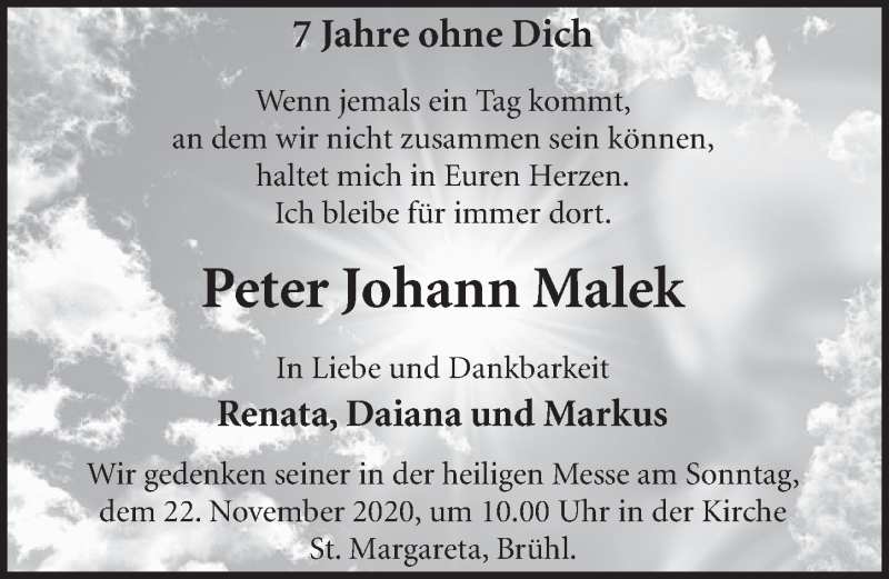  Traueranzeige für Peter Johann Malek vom 13.11.2020 aus  Schlossbote/Werbekurier 