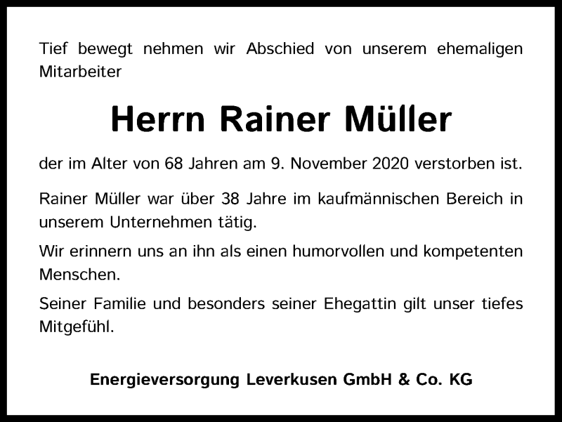  Traueranzeige für Rainer Müller vom 21.11.2020 aus Kölner Stadt-Anzeiger / Kölnische Rundschau / Express