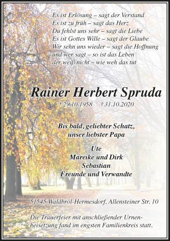 Anzeige von Rainer Herbert Spruda von  Lokalanzeiger 