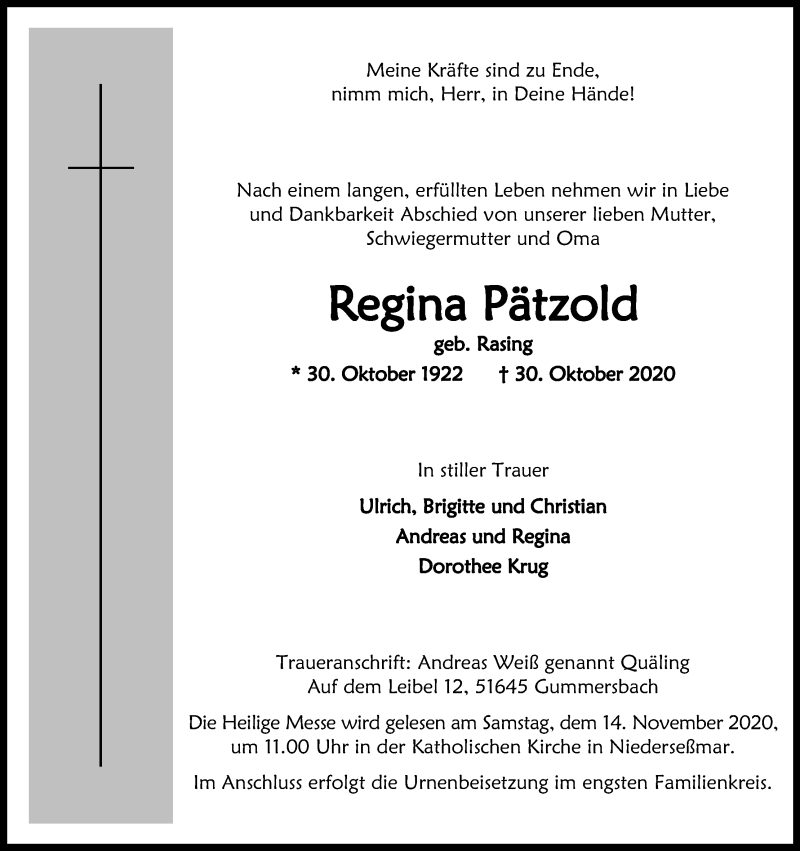  Traueranzeige für Regina Pätzold vom 11.11.2020 aus Kölner Stadt-Anzeiger / Kölnische Rundschau / Express