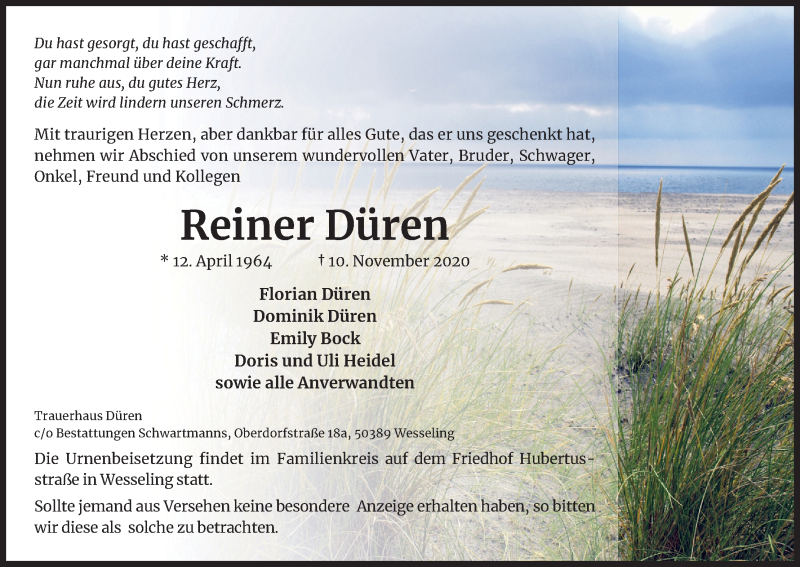  Traueranzeige für Reiner Düren vom 21.11.2020 aus Kölner Stadt-Anzeiger / Kölnische Rundschau / Express