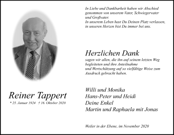 Anzeige von Reiner Tappert von Kölner Stadt-Anzeiger / Kölnische Rundschau / Express