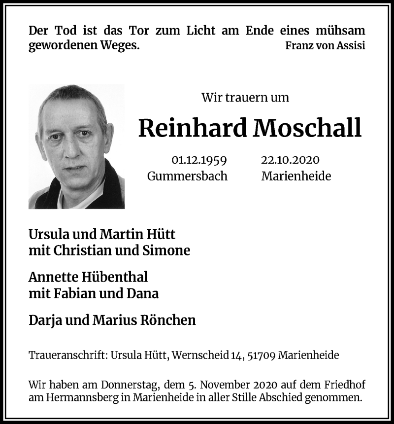  Traueranzeige für Reinhard Moschall vom 14.11.2020 aus Kölner Stadt-Anzeiger / Kölnische Rundschau / Express