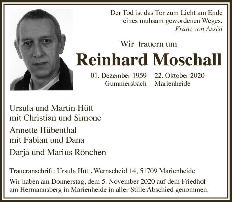  Traueranzeige für Reinhard Moschall vom 20.11.2020 aus  Anzeigen Echo 