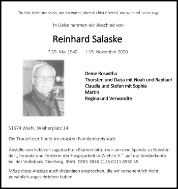Anzeige von Reinhard Salaske von Kölner Stadt-Anzeiger / Kölnische Rundschau / Express