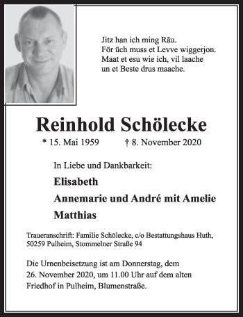 Anzeige von Reinhold Schölecke von  Wochenende 