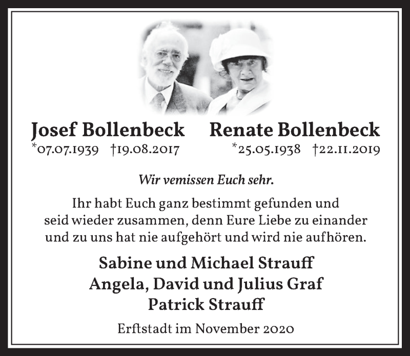  Traueranzeige für Renate Bollenbeck vom 20.11.2020 aus  Werbepost 