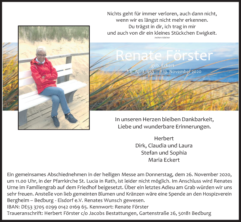  Traueranzeige für Renate Förster vom 21.11.2020 aus Kölner Stadt-Anzeiger / Kölnische Rundschau / Express