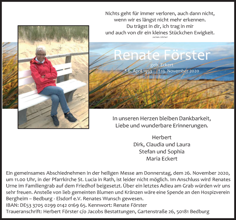  Traueranzeige für Renate Förster vom 20.11.2020 aus  Werbepost 