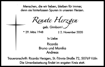 Anzeige von Renate Herzgen von Kölner Stadt-Anzeiger / Kölnische Rundschau / Express