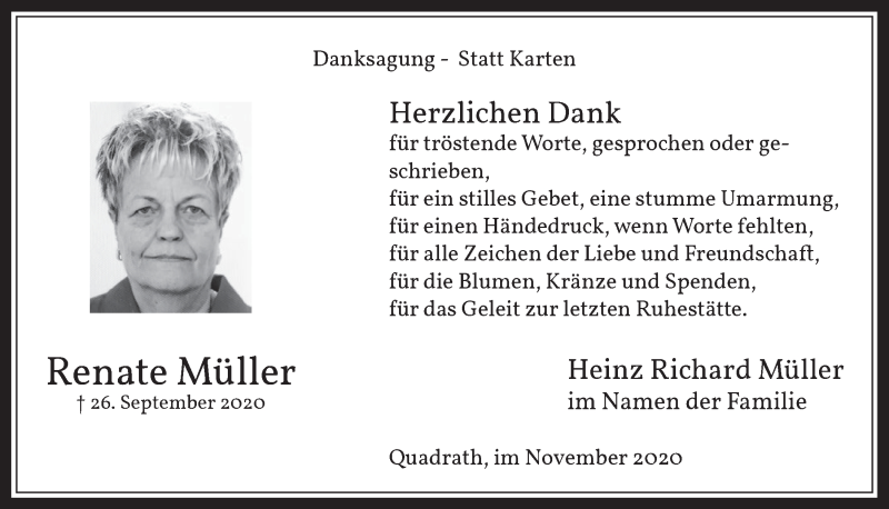  Traueranzeige für Renate Müller vom 06.11.2020 aus  Werbepost 