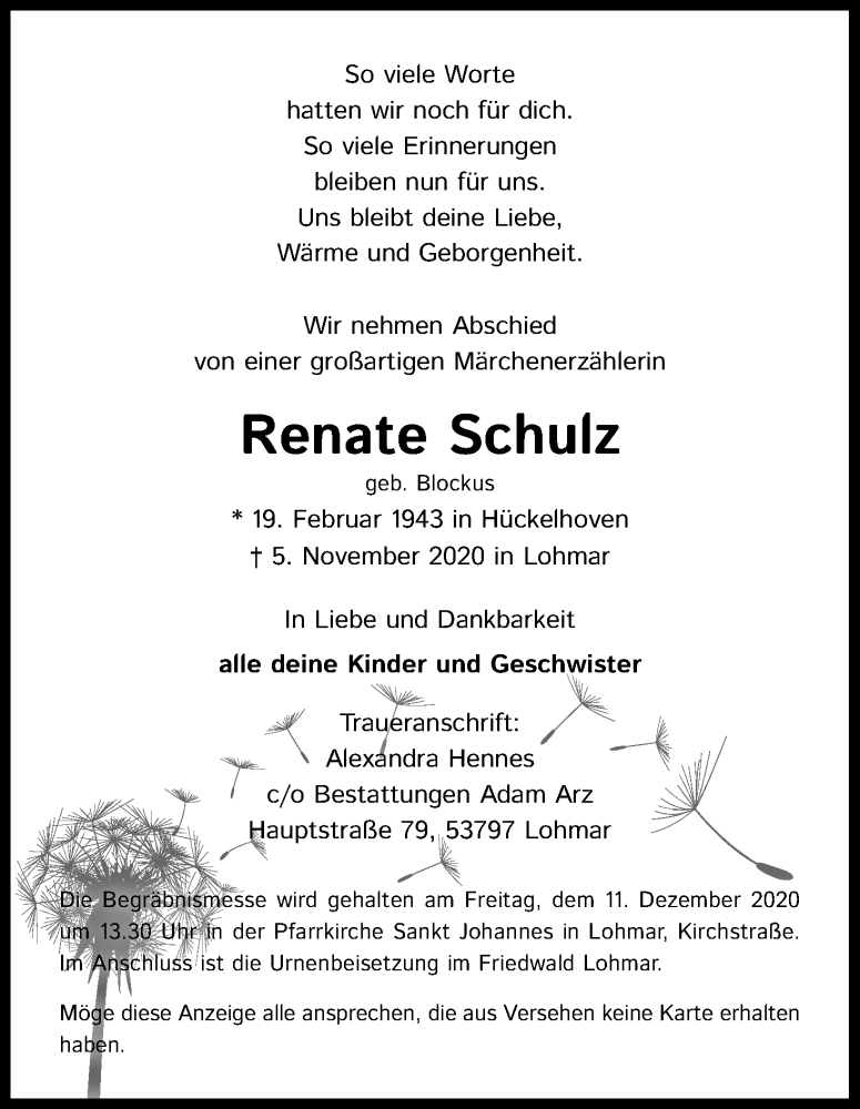  Traueranzeige für Renate Schulz vom 28.11.2020 aus Kölner Stadt-Anzeiger / Kölnische Rundschau / Express