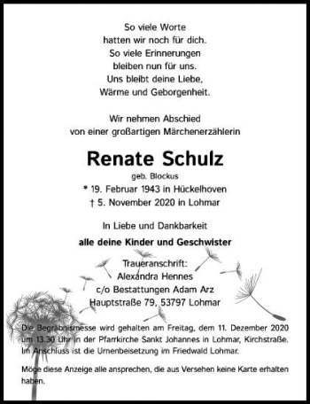 Anzeige von Renate Schulz von  Kölner Wochenspiegel 