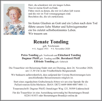 Anzeige von Renate Tonding von Kölner Stadt-Anzeiger / Kölnische Rundschau / Express