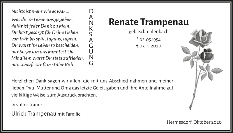  Traueranzeige für Renate Trampenau vom 06.11.2020 aus  Lokalanzeiger 
