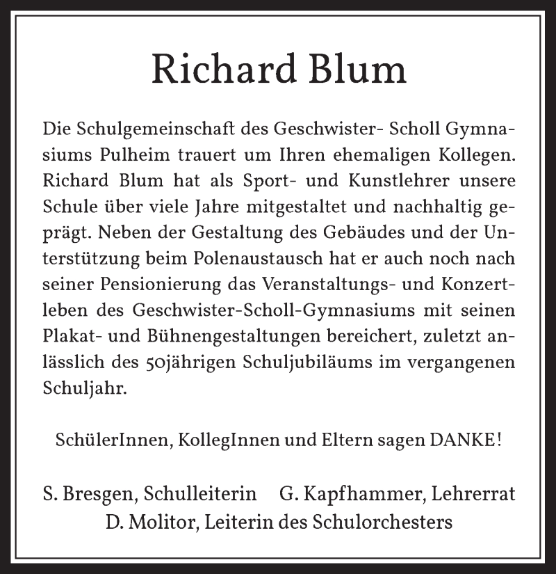  Traueranzeige für Richard Blum vom 06.11.2020 aus  Wochenende 