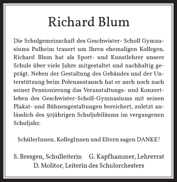 Anzeige von Richard Blum von  Wochenende 