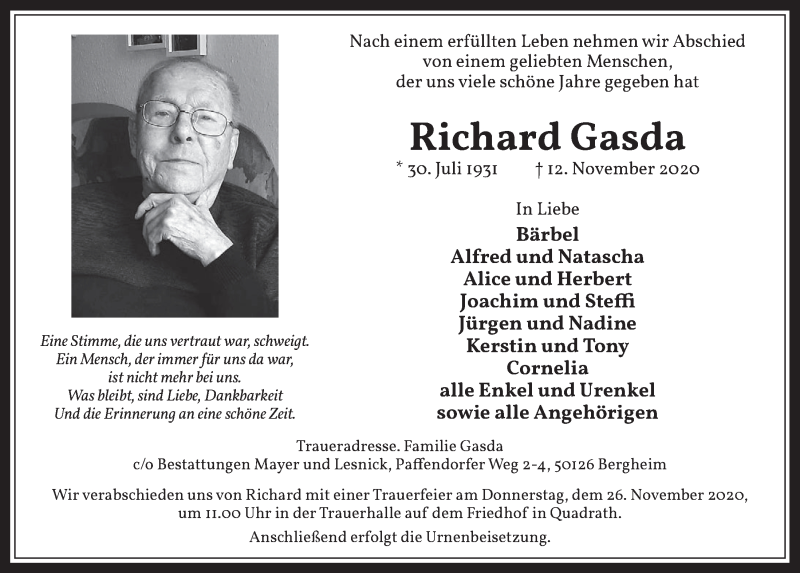  Traueranzeige für Richard Gasda vom 20.11.2020 aus  Werbepost 