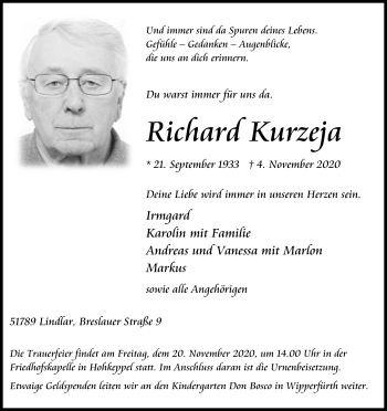 Anzeige von Richard Kurzeja von Kölner Stadt-Anzeiger / Kölnische Rundschau / Express