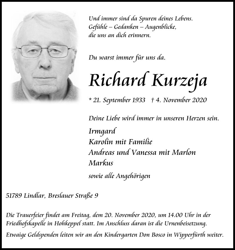  Traueranzeige für Richard Kurzeja vom 17.11.2020 aus Kölner Stadt-Anzeiger / Kölnische Rundschau / Express