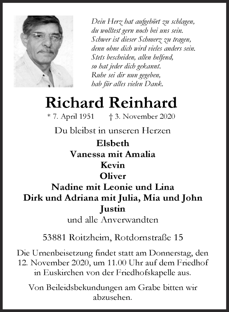  Traueranzeige für Richard Reinhard vom 07.11.2020 aus  Blickpunkt Euskirchen 