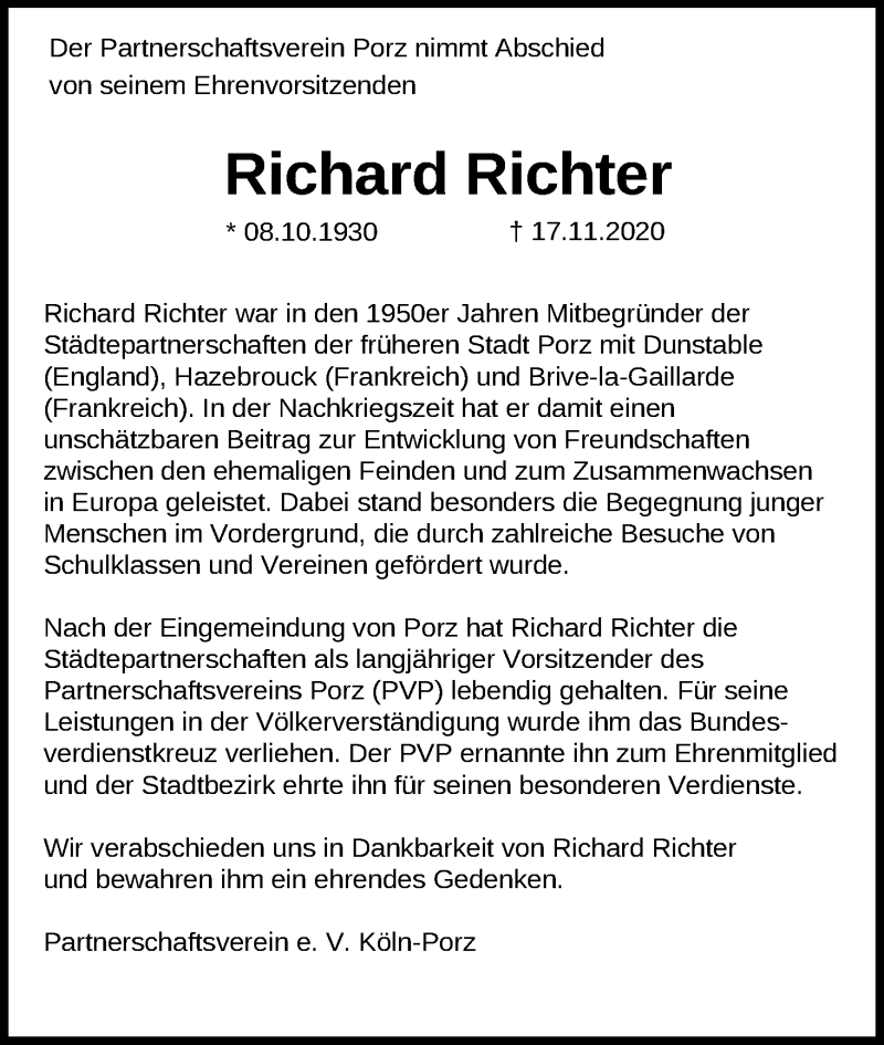  Traueranzeige für Richard Richter vom 24.11.2020 aus Kölner Stadt-Anzeiger / Kölnische Rundschau / Express