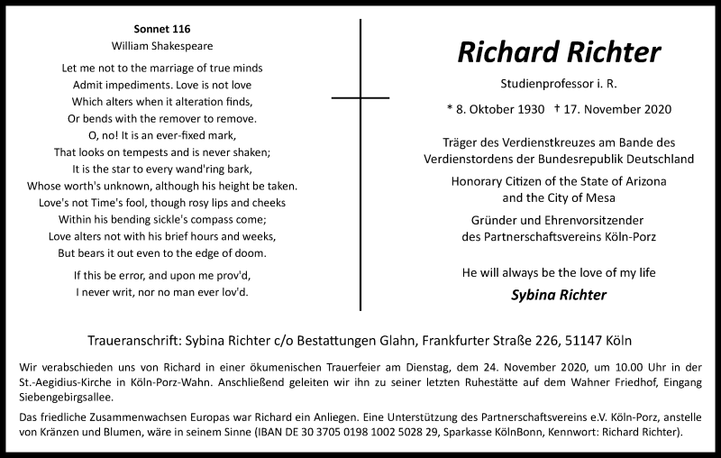  Traueranzeige für Richard Richter vom 21.11.2020 aus Kölner Stadt-Anzeiger / Kölnische Rundschau / Express