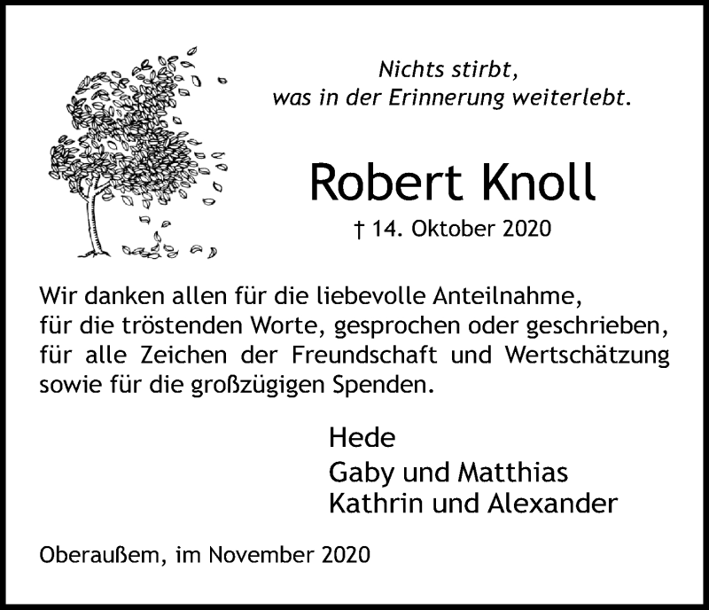  Traueranzeige für Robert Knoll vom 21.11.2020 aus Kölner Stadt-Anzeiger / Kölnische Rundschau / Express