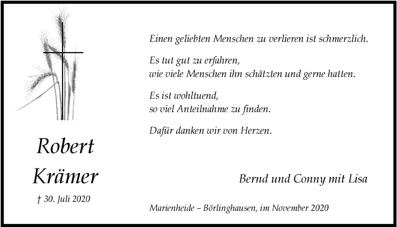  Traueranzeige für Robert Krämer vom 06.11.2020 aus  Anzeigen Echo 