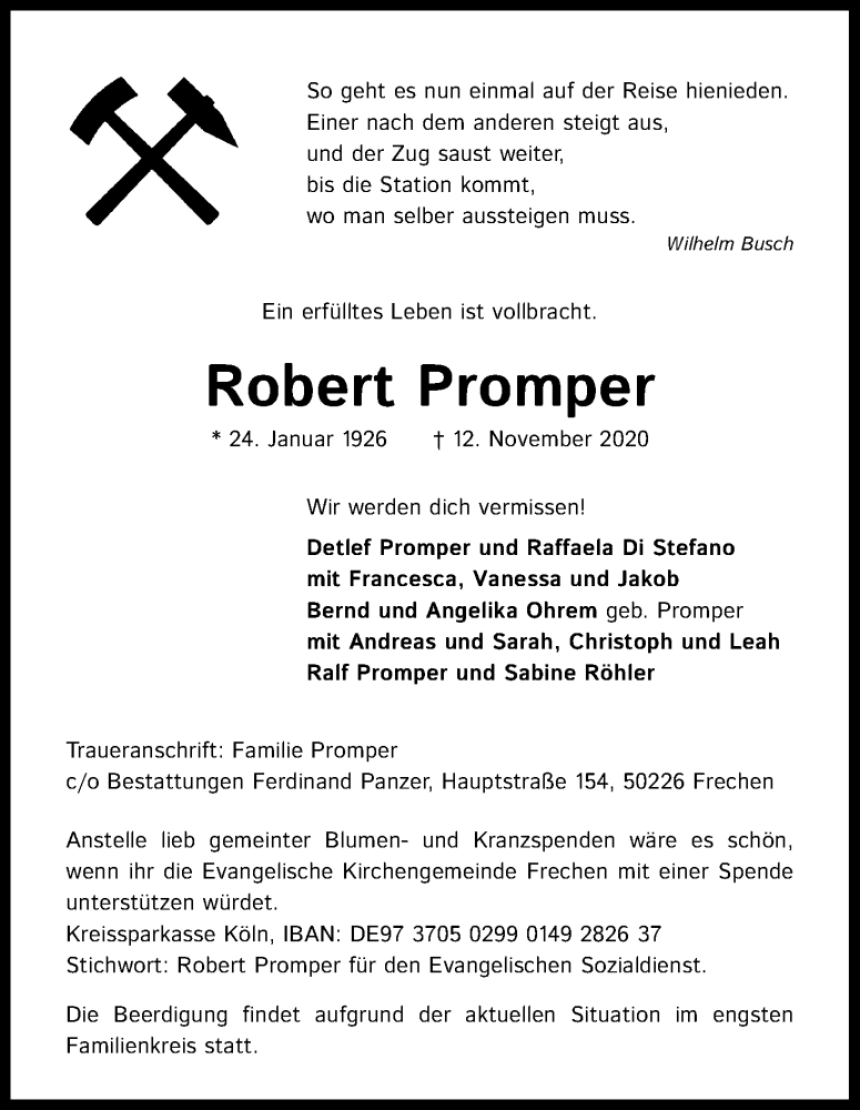  Traueranzeige für Robert Promper vom 21.11.2020 aus Kölner Stadt-Anzeiger / Kölnische Rundschau / Express