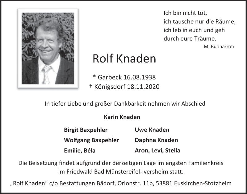  Traueranzeige für Rolf Knaden vom 28.11.2020 aus  Blickpunkt Euskirchen 