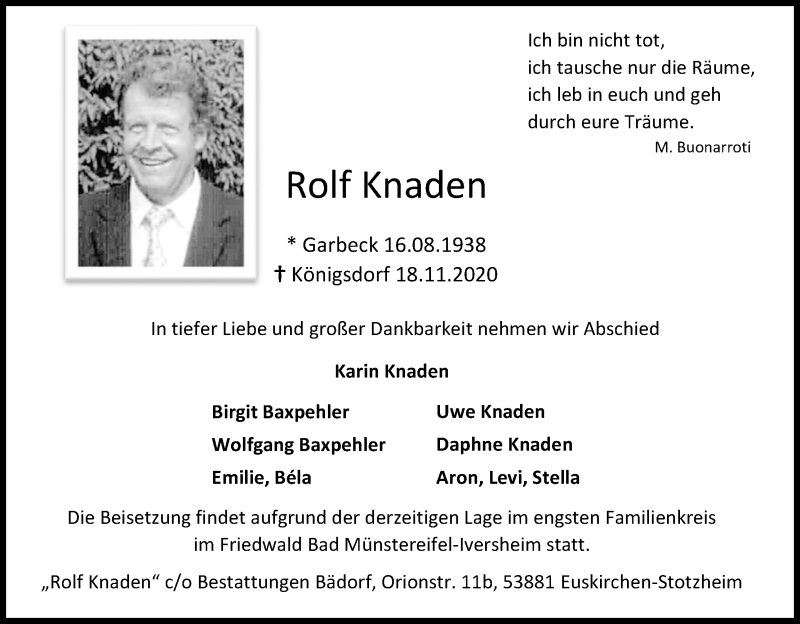  Traueranzeige für Rolf Knaden vom 28.11.2020 aus Kölner Stadt-Anzeiger / Kölnische Rundschau / Express