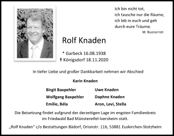 Anzeige von Rolf Knaden von Kölner Stadt-Anzeiger / Kölnische Rundschau / Express