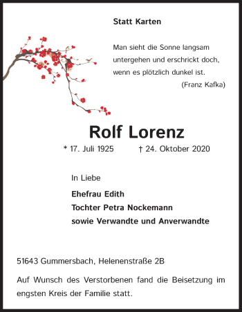 Anzeige von Rolf Lorenz von Kölner Stadt-Anzeiger / Kölnische Rundschau / Express