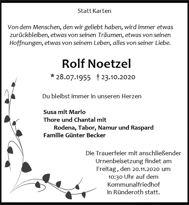  Traueranzeige für Rolf Noetzel vom 13.11.2020 aus  Anzeigen Echo 