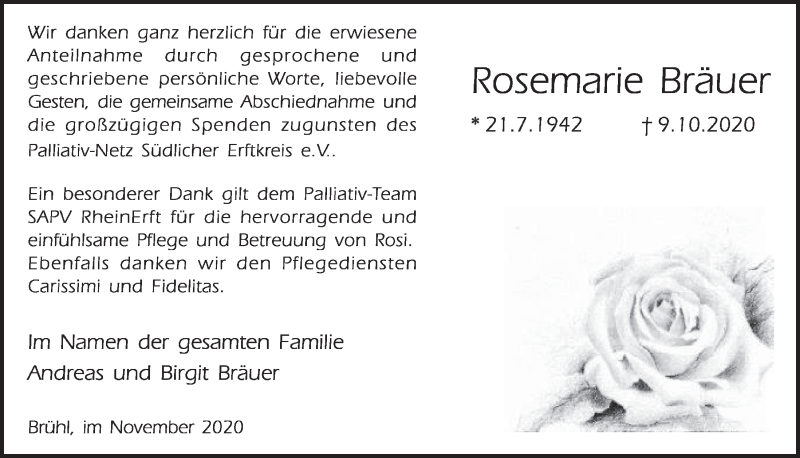  Traueranzeige für Rosemarie Bräuer vom 13.11.2020 aus  Schlossbote/Werbekurier 