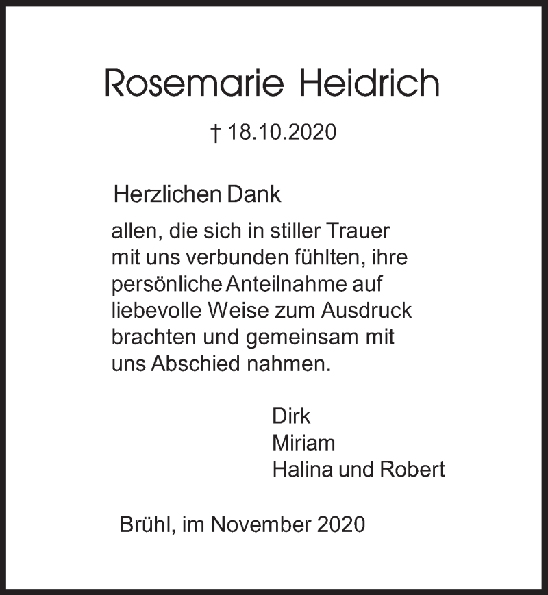  Traueranzeige für Rosemarie Heidrich vom 20.11.2020 aus  Wochenende 