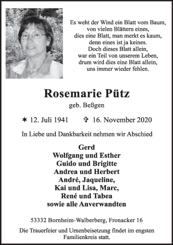 Anzeige von Rosemarie Pütz von  Schlossbote/Werbekurier 